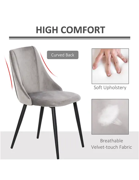 HOMCOM Dining Chairs Set of 2, Modern Upholstered Velvet-Touch Fabric Accent High Back Chairs with Metal Legs for Kitchen, Grey