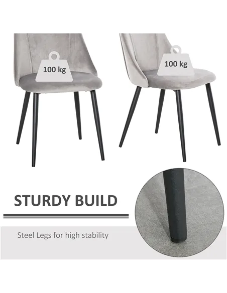 HOMCOM Dining Chairs Set of 2, Modern Upholstered Velvet-Touch Fabric Accent High Back Chairs with Metal Legs for Kitchen, Grey