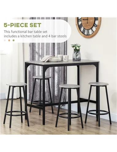HOMCOM Five-Piece Industrial-Style Bar Table Set - Grey/Black