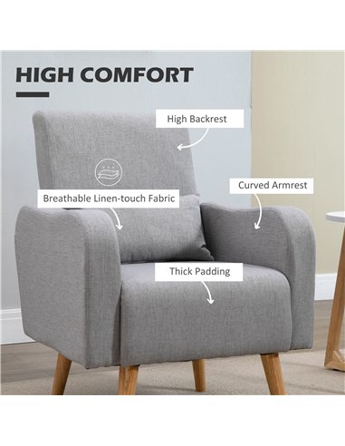 HOMCOM Accent Chair, Linen-Touch Armchair with Pillow, Upholstered Leisure Lounge Sofa for Living Room, Club Chair with Rubber W