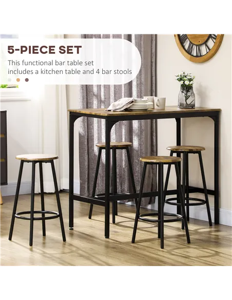 HOMCOM Five-Piece Industrial-Style Bar Table Set - Brown/Black