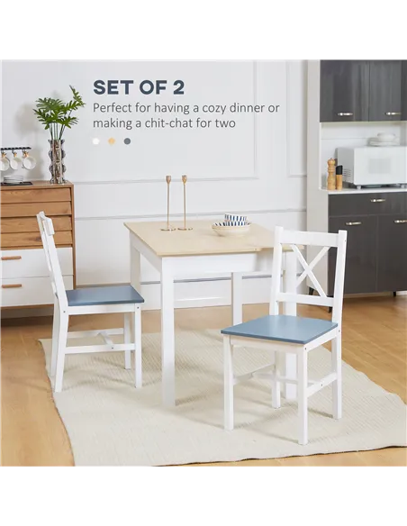 HOMCOM Dining Chairs Set of 2, Pine Wood Kitchen Chairs with Cross Back, Solid Structure for Living Room and Dining Room, White