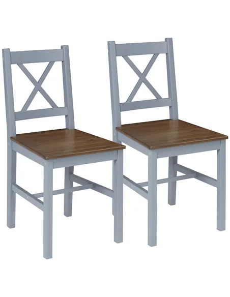 HOMCOM Dining Chairs Set of 2, Pine Wood Kitchen Chairs with Cross Back, Solid Structure for Living Room and Dining Room, Grey