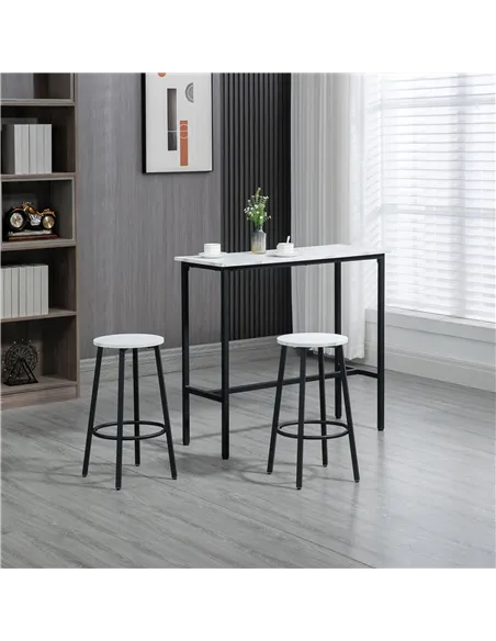 HOMCOM Three-Piece Marble-Effect Bar Table Set - White/Black