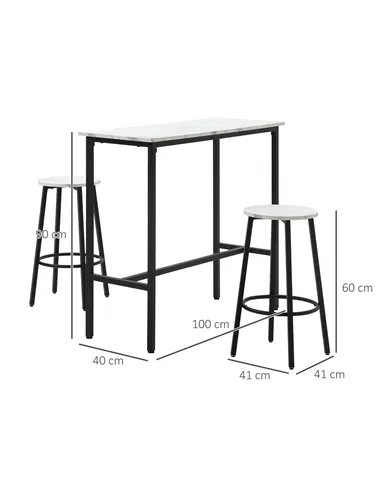 HOMCOM Three-Piece Marble-Effect Bar Table Set - White/Black
