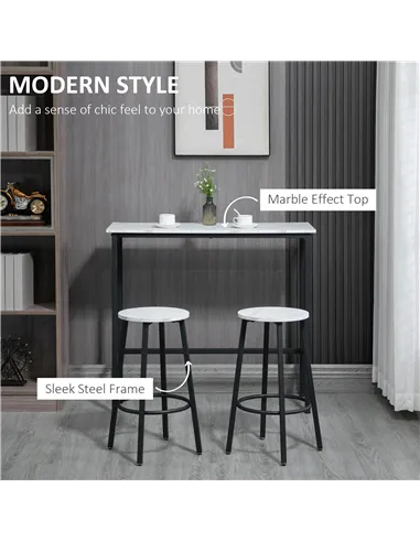 HOMCOM Three-Piece Marble-Effect Bar Table Set - White/Black