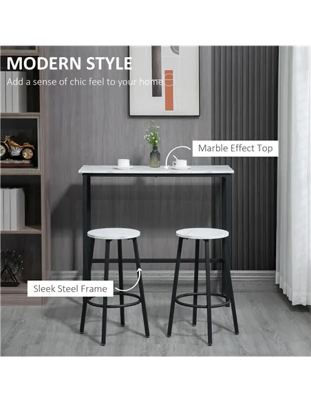 HOMCOM Three-Piece Marble-Effect Bar Table Set - White/Black