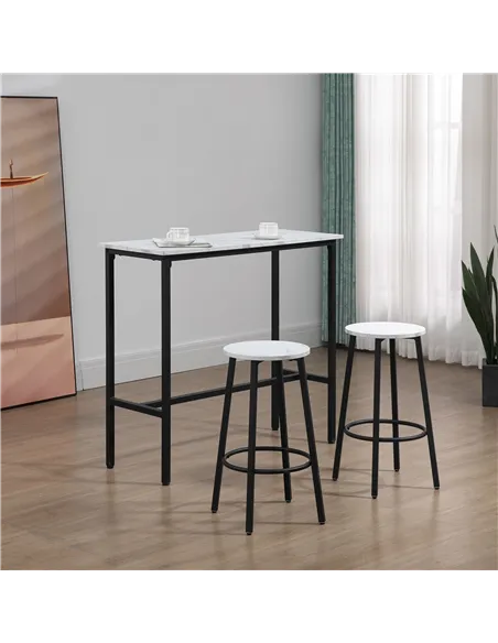 HOMCOM Three-Piece Marble-Effect Bar Table Set - White/Black