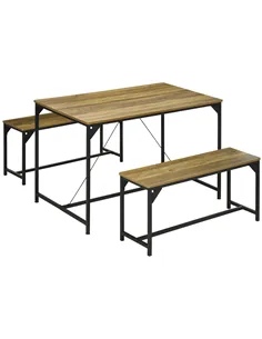 HOMCOM Dining Table and Bench Set for 4, Kitchen Table with 2 Benches, Space Saving Dining Room Sets, Natural