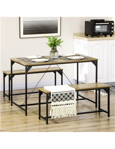 HOMCOM Dining Table and Bench Set for 4, Kitchen Table with 2 Benches, Space Saving Dining Room Sets, Natural