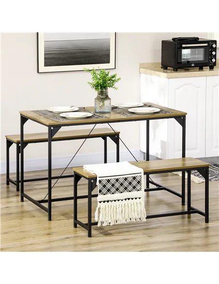 HOMCOM Dining Table and Bench Set for 4, Kitchen Table with 2 Benches, Space Saving Dining Room Sets, Natural