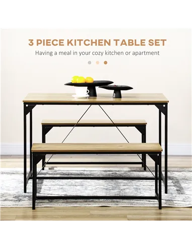 HOMCOM Dining Table and Bench Set for 4, Kitchen Table with 2 Benches, Space Saving Dining Room Sets, Natural