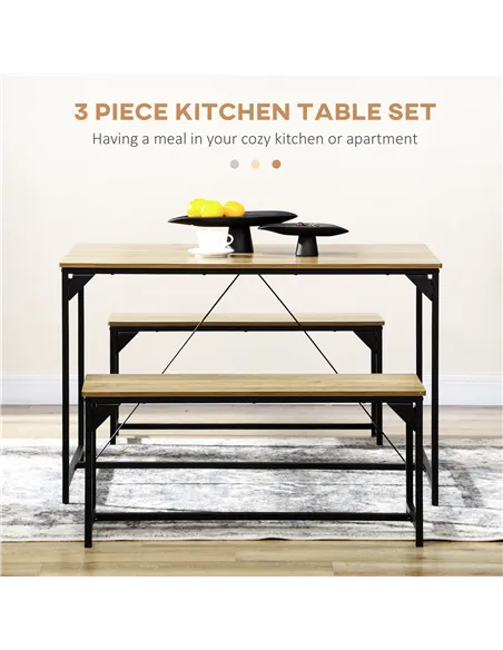 HOMCOM Dining Table and Bench Set for 4, Kitchen Table with 2 Benches, Space Saving Dining Room Sets, Natural