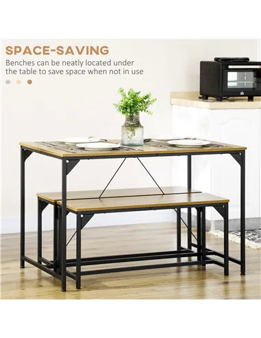 HOMCOM Dining Table and Bench Set for 4, Kitchen Table with 2 Benches, Space Saving Dining Room Sets, Natural