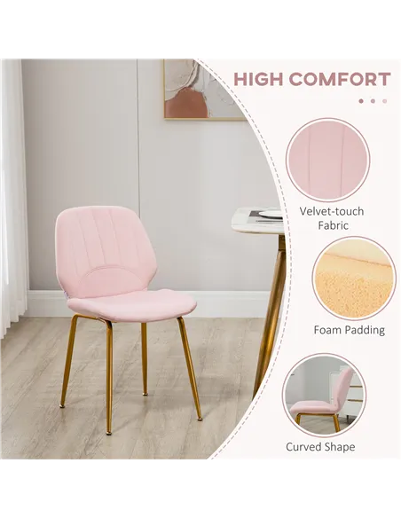 HOMCOM Velvet Dining Chairs Set of 2, 2 Piece Dining Room Chairs with Backrest, Padded Seat and Steel Legs, Pink