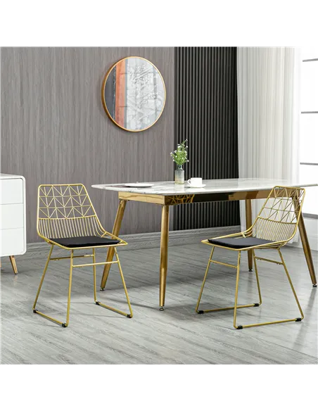 HOMCOM Luxurious Dining Chairs Set of 2, Metal Wire Kitchen Chair with Removable Velvet-feel Cushion, Cut-out Back and Steel Fra