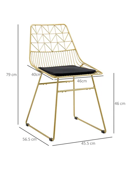 HOMCOM Luxurious Dining Chairs Set of 2, Metal Wire Kitchen Chair with Removable Velvet-feel Cushion, Cut-out Back and Steel Fra