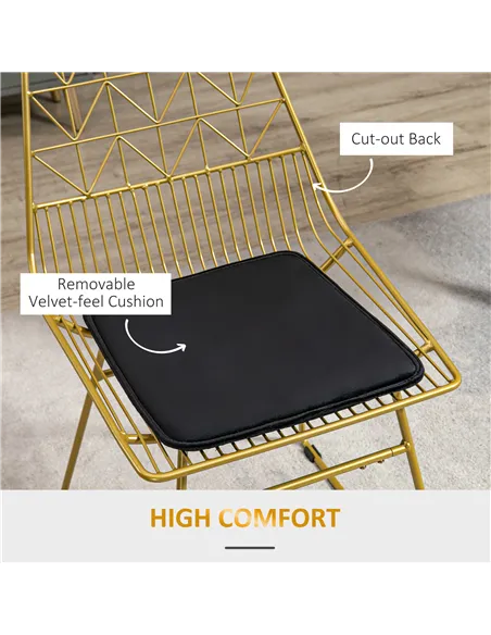 HOMCOM Luxurious Dining Chairs Set of 2, Metal Wire Kitchen Chair with Removable Velvet-feel Cushion, Cut-out Back and Steel Fra