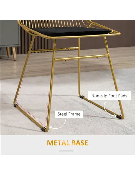 HOMCOM Luxurious Dining Chairs Set of 2, Metal Wire Kitchen Chair with Removable Velvet-feel Cushion, Cut-out Back and Steel Fra