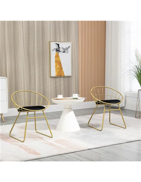 HOMCOM Modern Dining Chairs Set of 2, Metal Wire Kitchen Chair with Velvet-feel Cushion, Round Back and Steel Frame for Living R