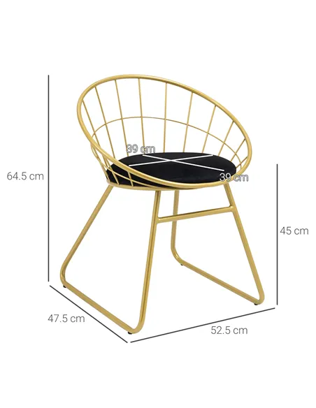 HOMCOM Modern Dining Chairs Set of 2, Metal Wire Kitchen Chair with Velvet-feel Cushion, Round Back and Steel Frame for Living R