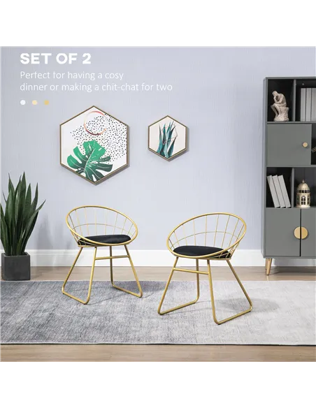 HOMCOM Modern Dining Chairs Set of 2, Metal Wire Kitchen Chair with Velvet-feel Cushion, Round Back and Steel Frame for Living R