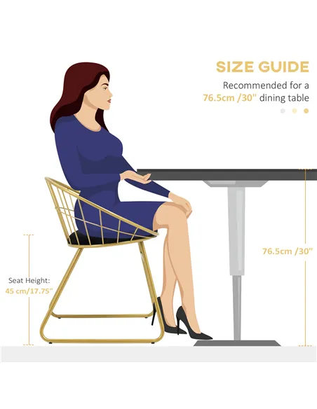 HOMCOM Modern Dining Chairs Set of 2, Metal Wire Kitchen Chair with Velvet-feel Cushion, Round Back and Steel Frame for Living R