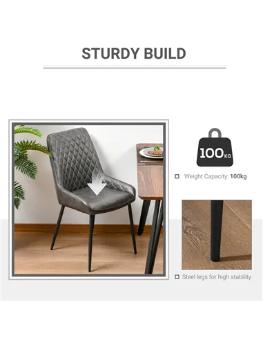 HOMCOM Retro Dining Chair Set of 4, PU Leather Upholstered Side Chairs for Kitchen Living Room with Metal Legs, Grey