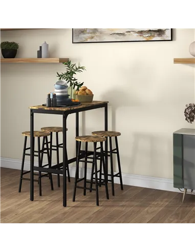 HOMCOM 5 Piece Bar Table Set with 4 Stools, Industrial Bar Table and Stool Set, Dining Table and Chair Set, Rustic Brown