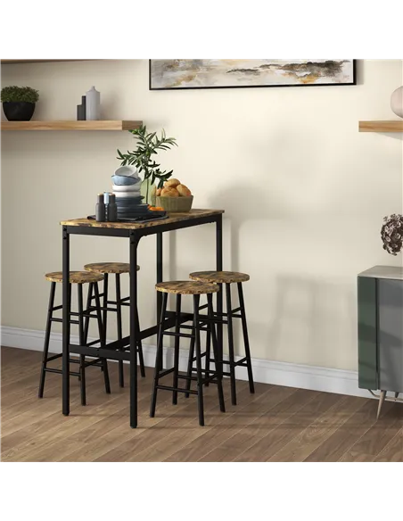 HOMCOM 5 Piece Bar Table Set with 4 Stools, Industrial Bar Table and Stool Set, Dining Table and Chair Set, Rustic Brown