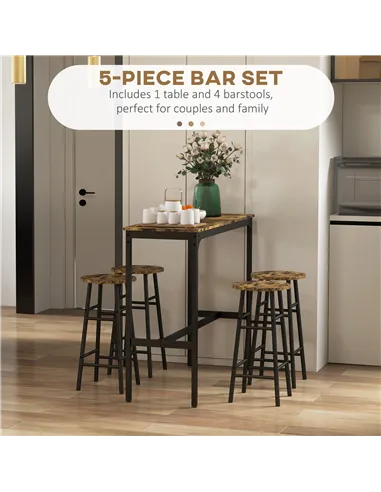 HOMCOM 5 Piece Bar Table Set with 4 Stools, Industrial Bar Table and Stool Set, Dining Table and Chair Set, Rustic Brown