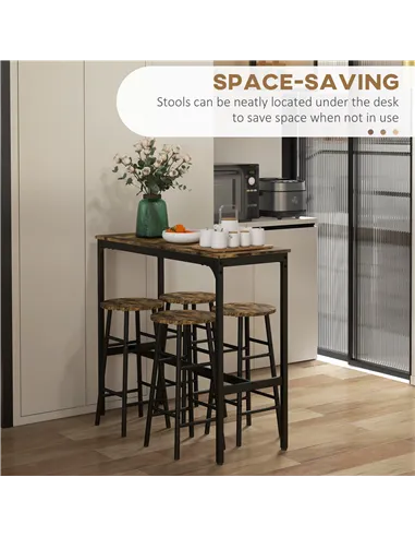 HOMCOM 5 Piece Bar Table Set with 4 Stools, Industrial Bar Table and Stool Set, Dining Table and Chair Set, Rustic Brown