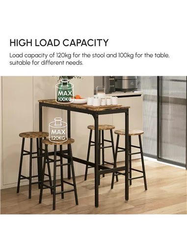 HOMCOM 5 Piece Bar Table Set with 4 Stools, Industrial Bar Table and Stool Set, Dining Table and Chair Set, Rustic Brown