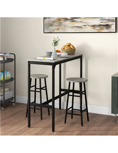 HOMCOM 3 Piece Bar Table Set with 2 Stools, Industrial Bar Table and Stool Set, Dining Table and Chair Set, Grey