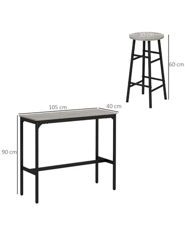 HOMCOM 3 Piece Bar Table Set with 2 Stools, Industrial Bar Table and Stool Set, Dining Table and Chair Set, Grey