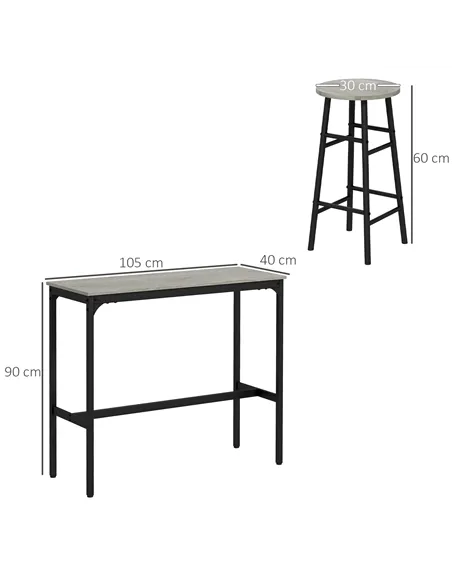 HOMCOM 3 Piece Bar Table Set with 2 Stools, Industrial Bar Table and Stool Set, Dining Table and Chair Set, Grey