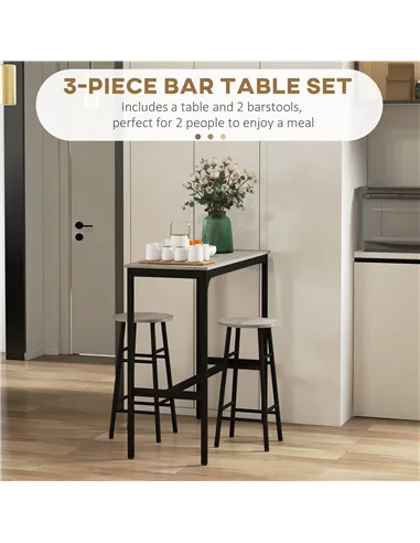 HOMCOM 3 Piece Bar Table Set with 2 Stools, Industrial Bar Table and Stool Set, Dining Table and Chair Set, Grey