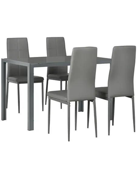 HOMCOM 5-Piece Kitchen Dining Table Set with 4 Faux Leather Metal Frame Chairs Glass Tabletop Desk for Dining Room, Kitchen, Din