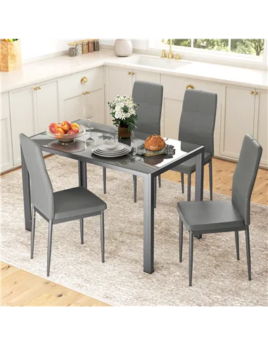 HOMCOM 5-Piece Kitchen Dining Table Set with 4 Faux Leather Metal Frame Chairs Glass Tabletop Desk for Dining Room, Kitchen, Din