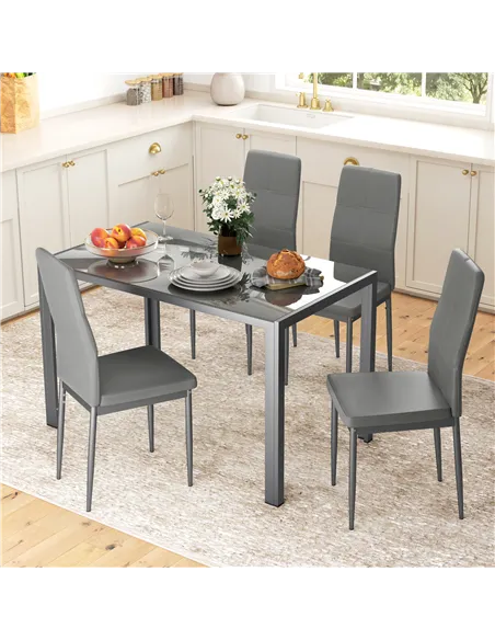 HOMCOM 5-Piece Kitchen Dining Table Set with 4 Faux Leather Metal Frame Chairs Glass Tabletop Desk for Dining Room, Kitchen, Din