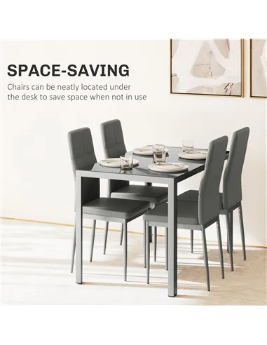 HOMCOM 5-Piece Kitchen Dining Table Set with 4 Faux Leather Metal Frame Chairs Glass Tabletop Desk for Dining Room, Kitchen, Din