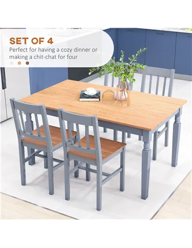 HOMCOM Dining Chairs Set of 4, Kitchen Chair with Slat Back, Pine Wood Structure for Living Room and Dining Room, Grey