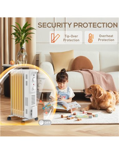 HOMCOM 1500W Quiet Oil Filled Radiator, 7 Fin Energy Efficient Portable Electric Heater with 3 Heat Settings, Adjustable Thermos