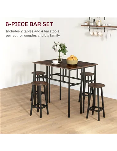 HOMCOM 6-Piece Bar Table Set, Counter Height Kitchen Dining Set with 2 High Tables & 4 Stools, Space Saving Compact Bar Furnitur