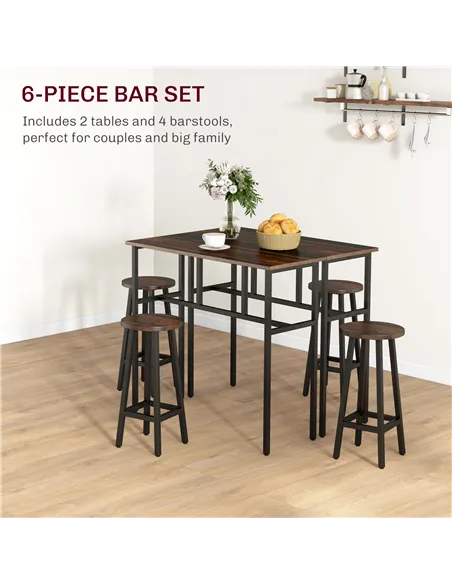 HOMCOM 6-Piece Bar Table Set, Counter Height Kitchen Dining Set with 2 High Tables & 4 Stools, Space Saving Compact Bar Furnitur