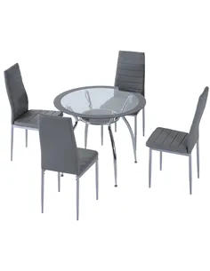 HOMCOM Five-Piece Dining Set, with Padded Chairs and Glass-Top Table - Grey