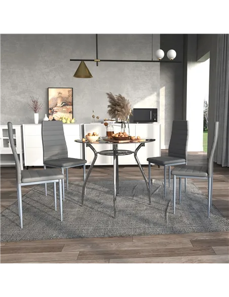 HOMCOM Five-Piece Dining Set, with Padded Chairs and Glass-Top Table - Grey