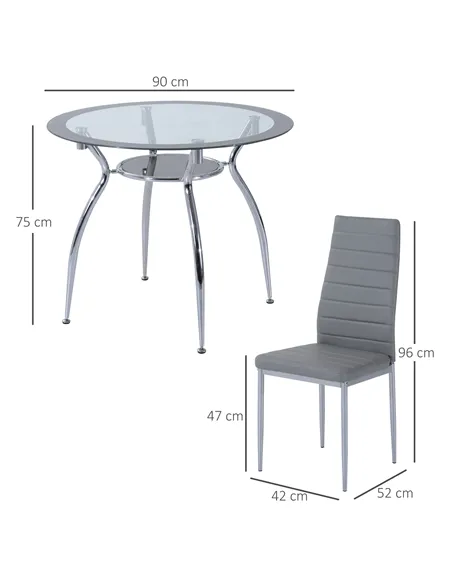HOMCOM Five-Piece Dining Set, with Padded Chairs and Glass-Top Table - Grey