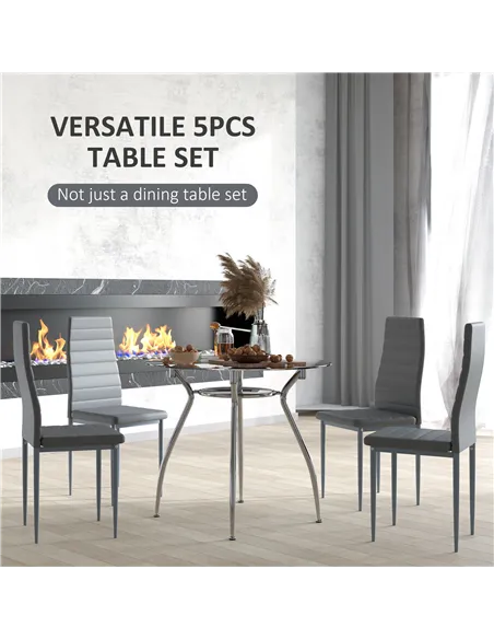 HOMCOM Five-Piece Dining Set, with Padded Chairs and Glass-Top Table - Grey