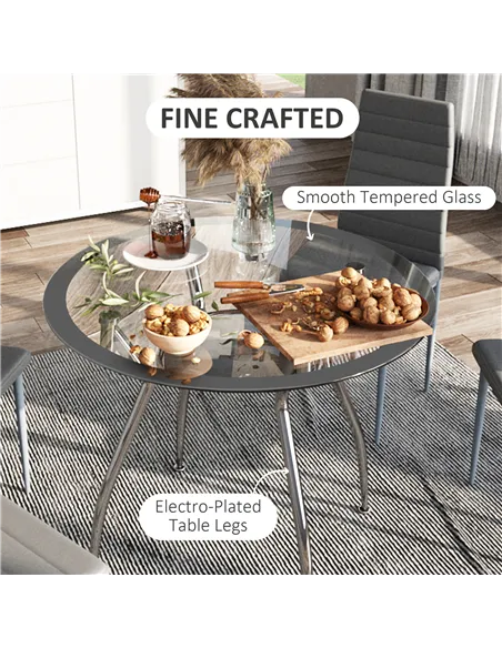 HOMCOM Five-Piece Dining Set, with Padded Chairs and Glass-Top Table - Grey
